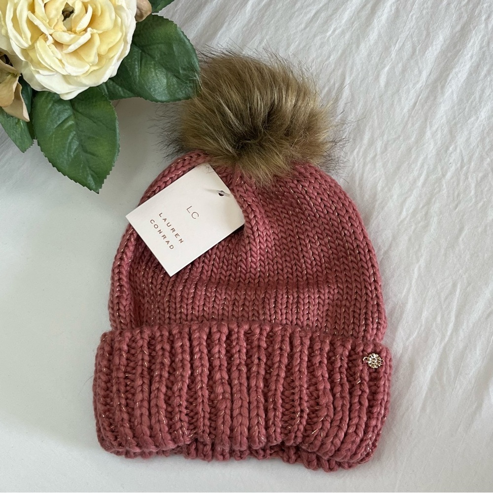LC Lauren Conrad Pink Knit Beanie with Faux Fur Pom-Pom